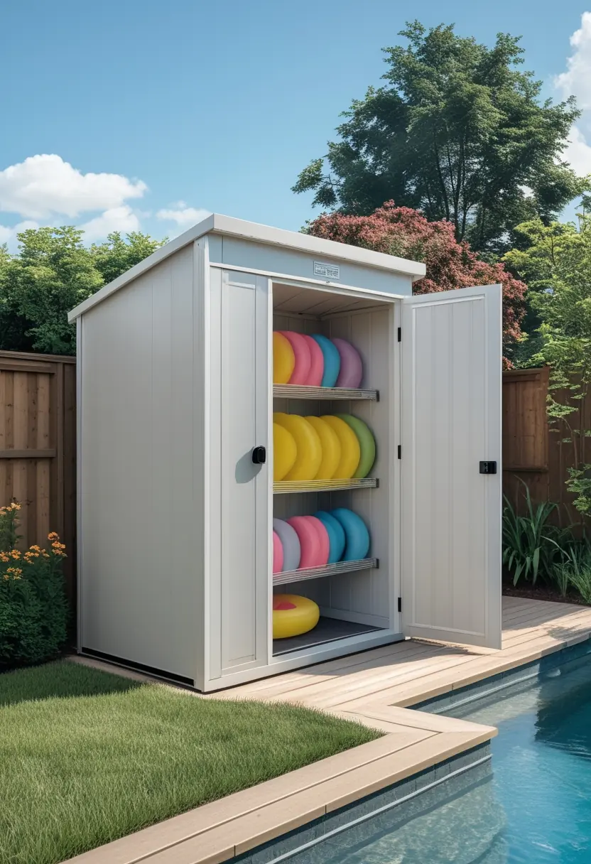 An enclosed outdoor storage shed next to a backyard pool with colorful pool floats neatly stored inside.