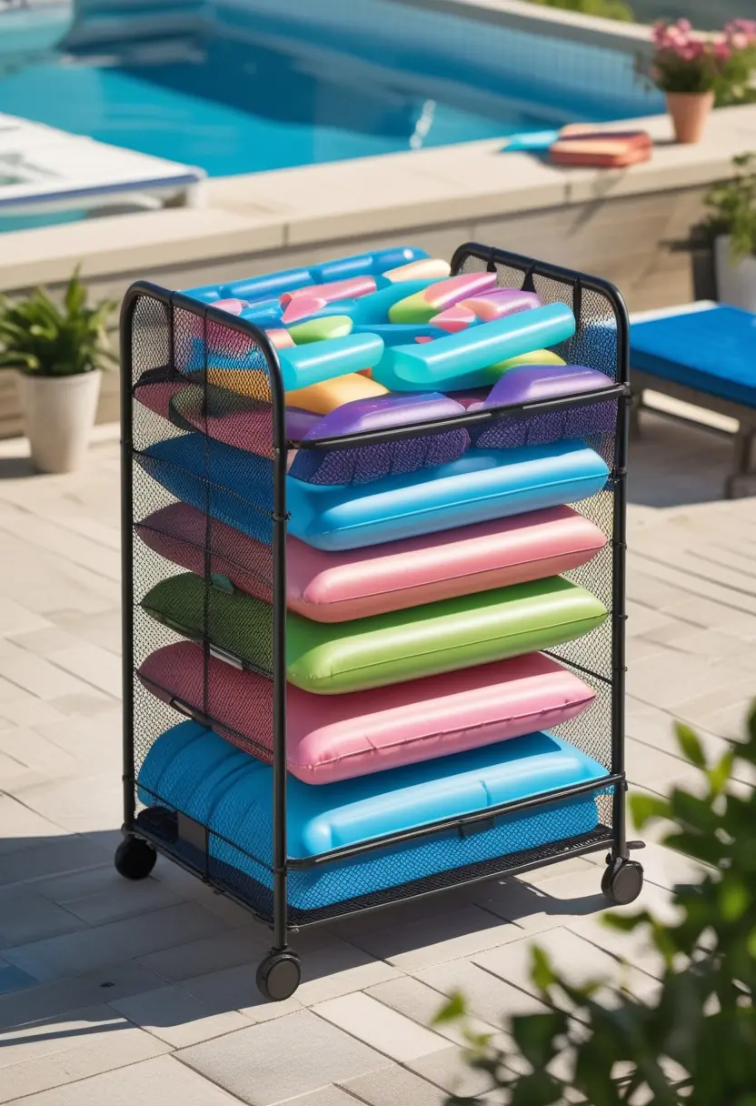 Rolling mesh cart filled with colorful pool floats beside a swimming pool on a sunny day.