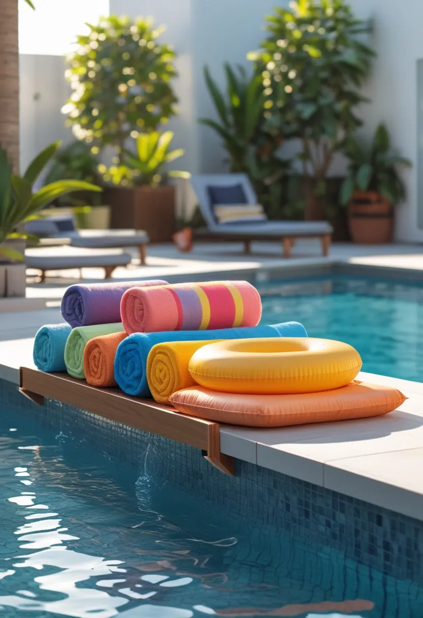 A poolside shelf holding rolled towels and colorful pool floats next to a clear outdoor swimming pool.