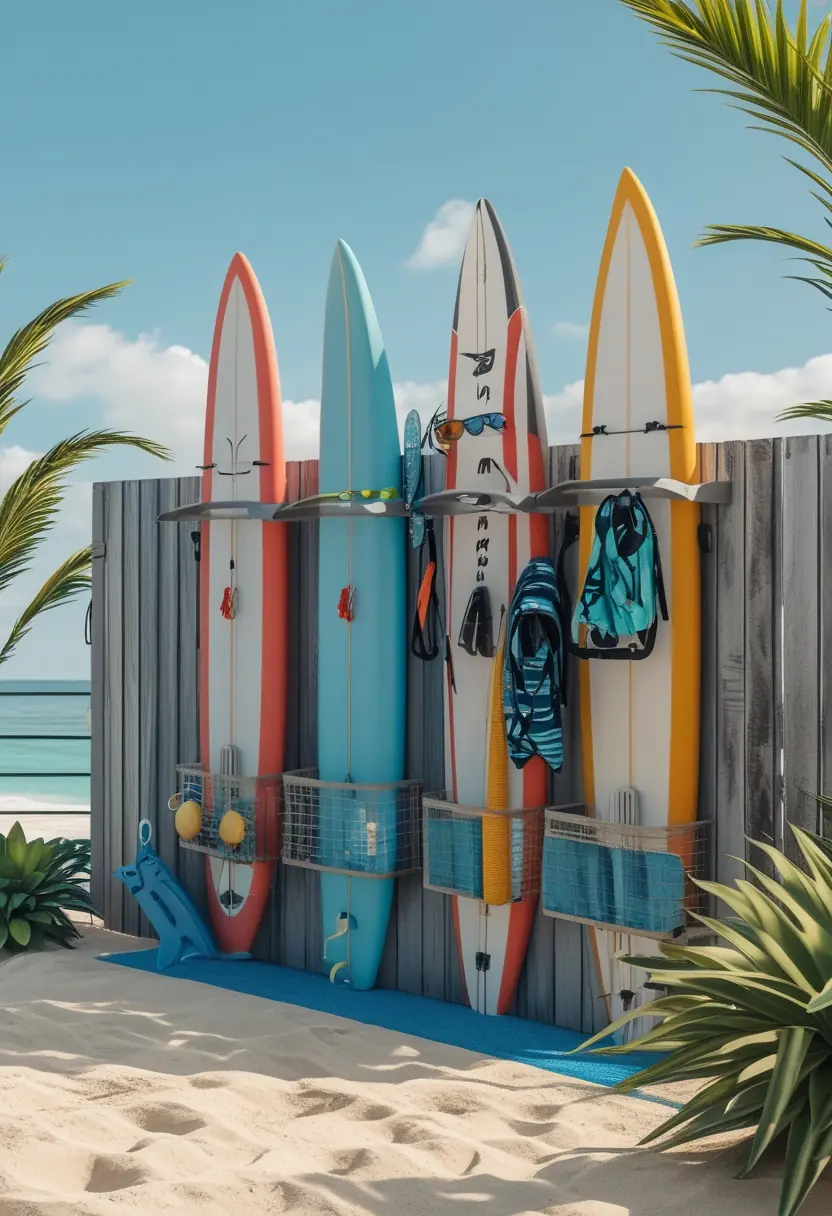 Outdoor wooden fence with storage holding pool floats, surfboards, and beach gear near a pool and tropical plants.