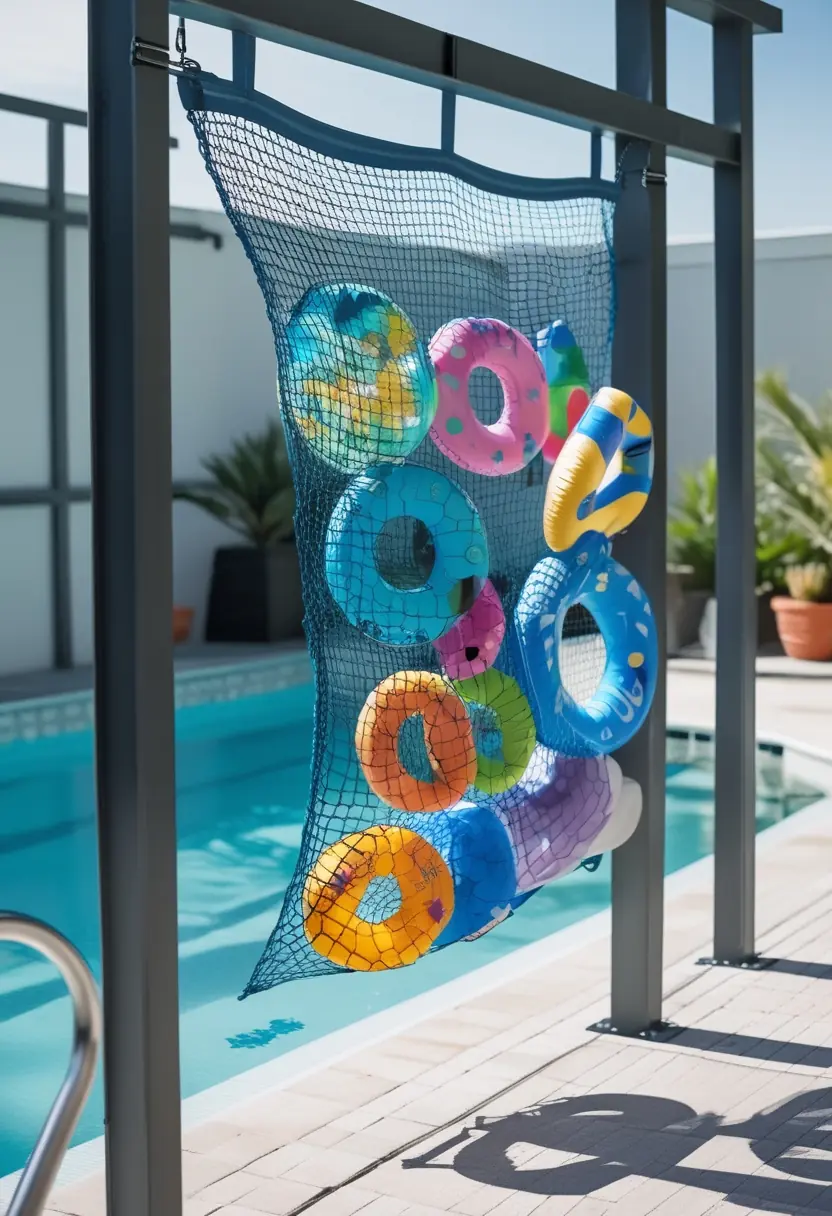 A hanging mesh net filled with colorful pool floats suspended above a poolside area.