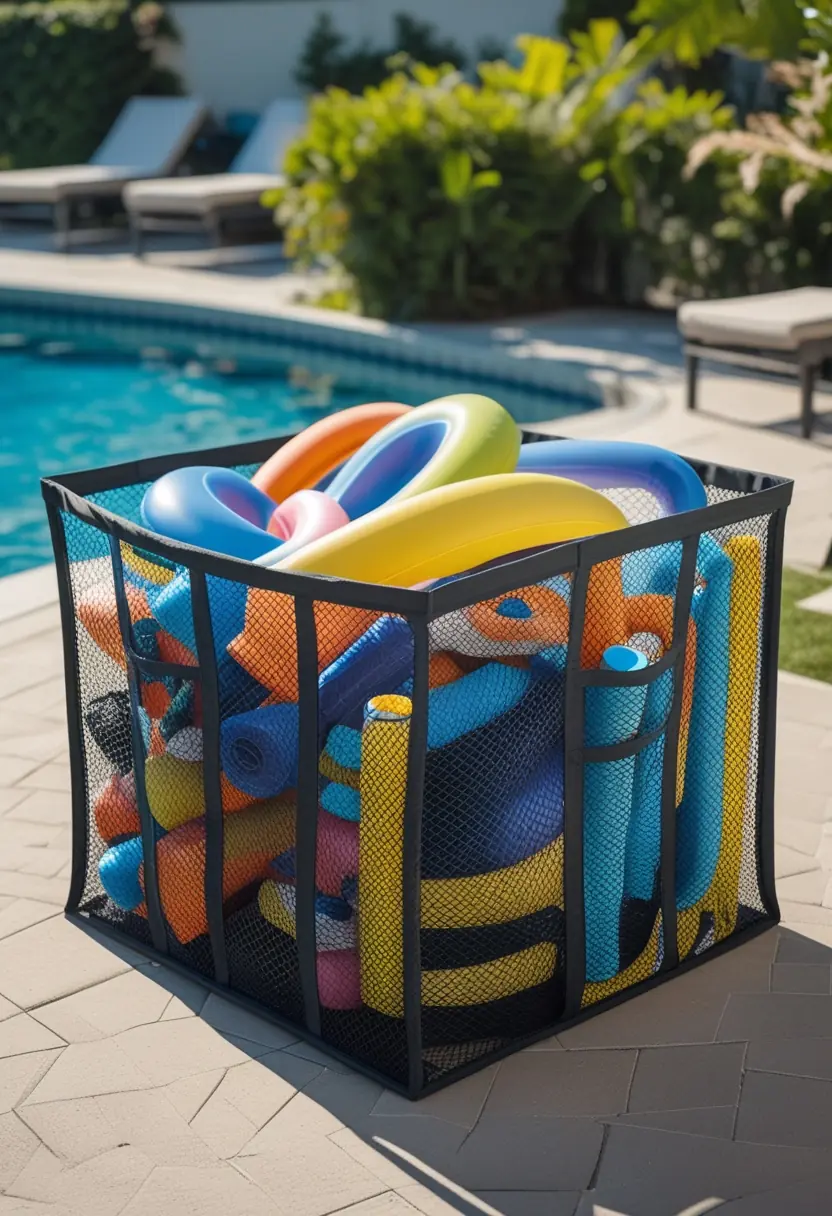 A portable mesh bin filled with colorful pool floats next to a swimming pool on a sunny day.