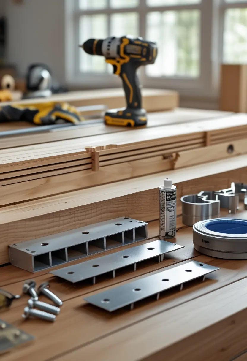 Close-up of various materials and tools laid out on a workbench for building above ground pool steps.
