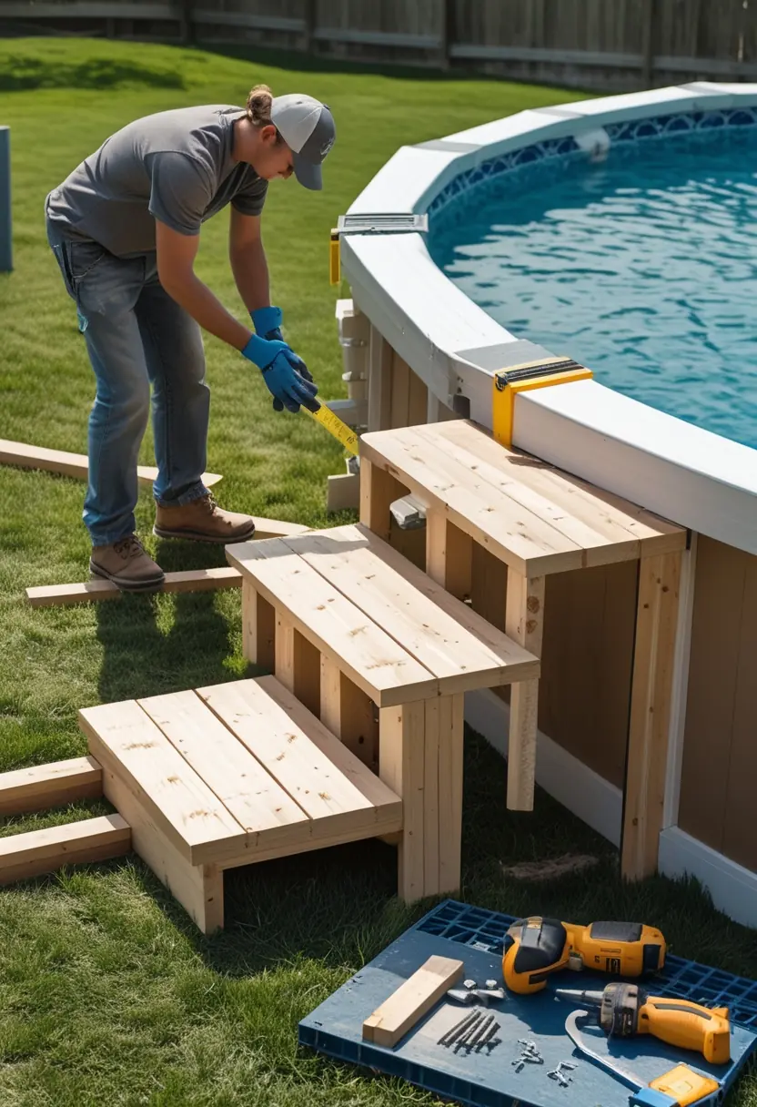 A person assembling wooden steps next to an above ground pool in a backyard, surrounded by woodworking tools.
