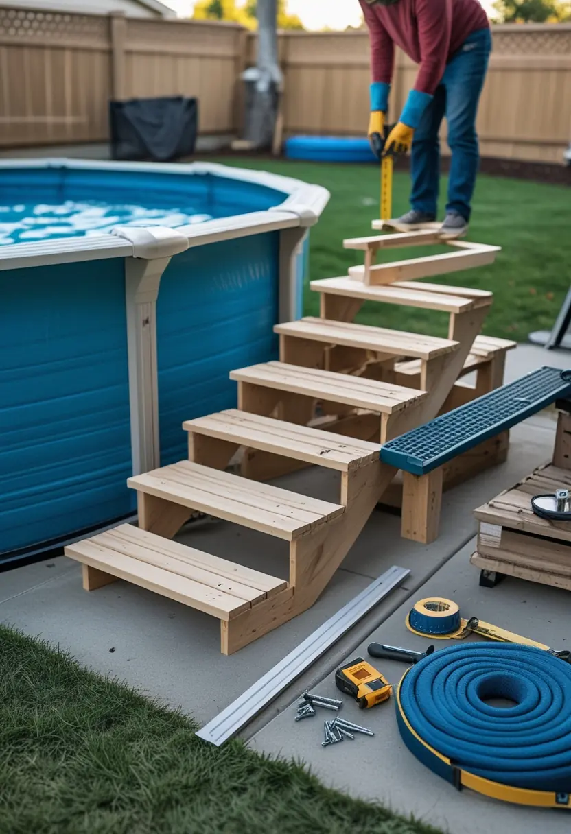 A person assembling wooden steps next to an above ground pool in a backyard.