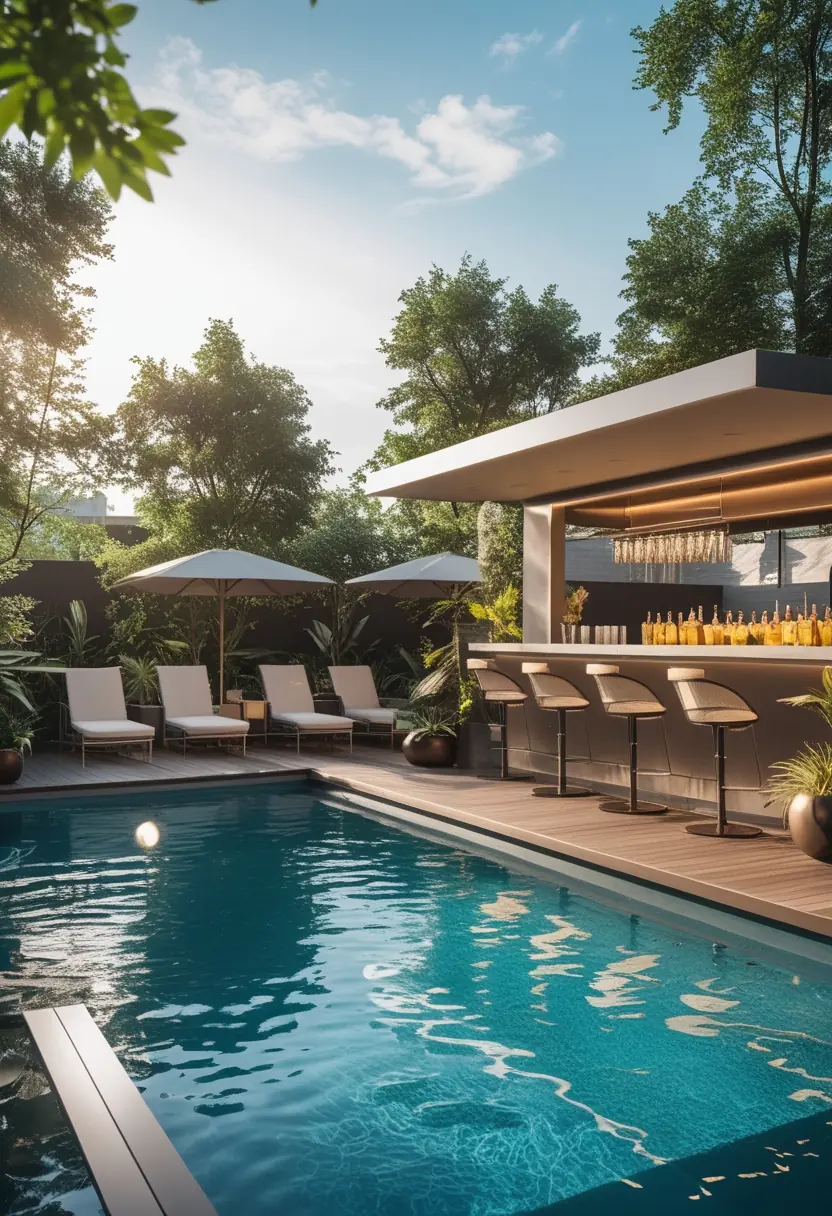 Outdoor pool deck with a swimming pool, lounge chairs, and a modern bar area surrounded by plants.