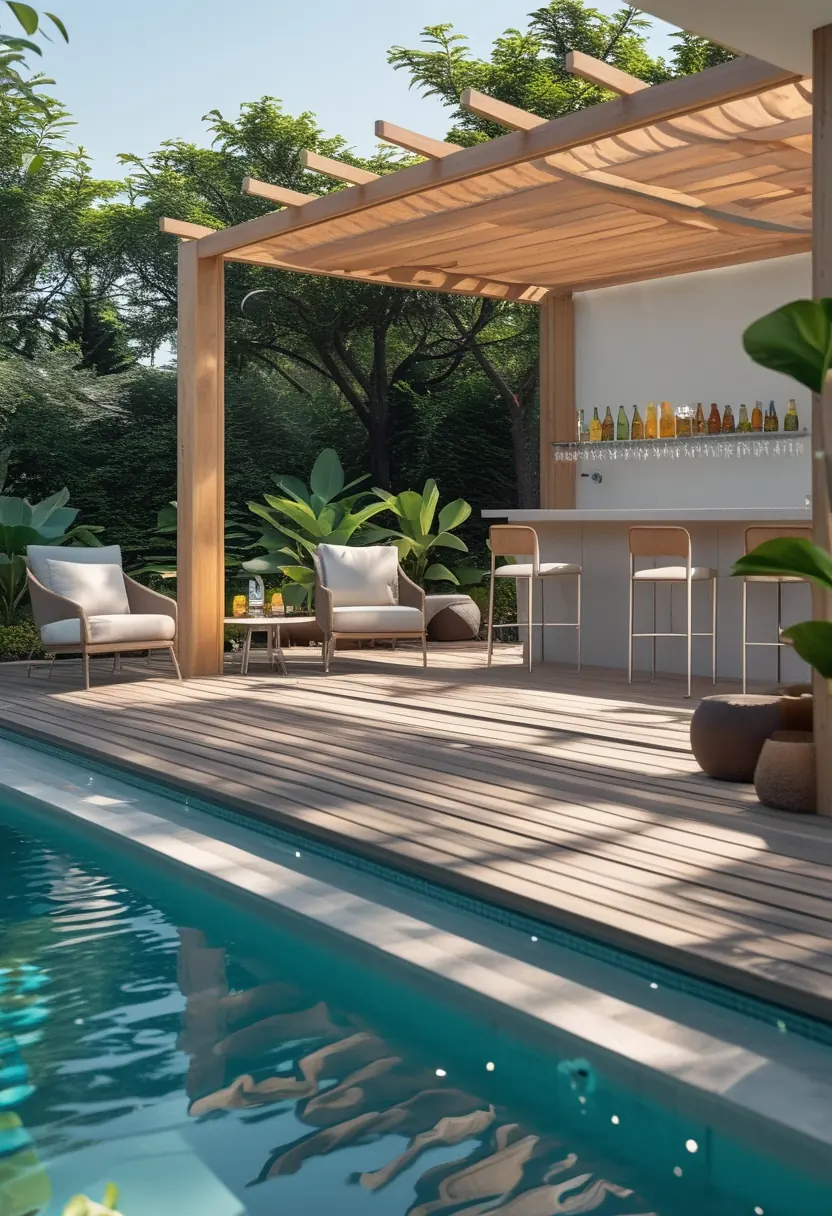 Outdoor pool deck with a wooden pergola, seating area, pool bar, and clear swimming pool surrounded by greenery.