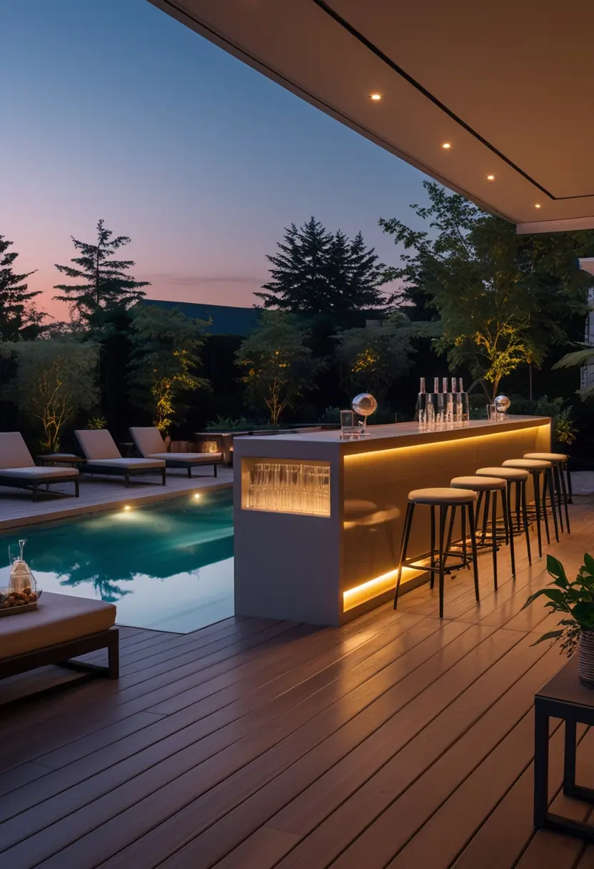 Outdoor pool deck and bar area at twilight with warm lighting, lounge chairs, and a modern bar next to a swimming pool.