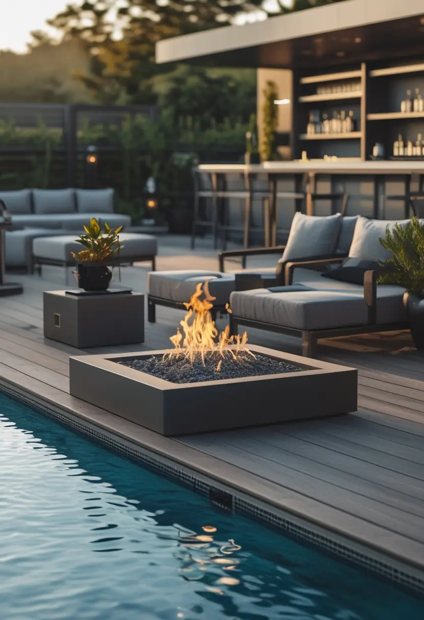 Outdoor pool deck with a fire pit surrounded by lounge chairs and an outdoor bar in the background.
