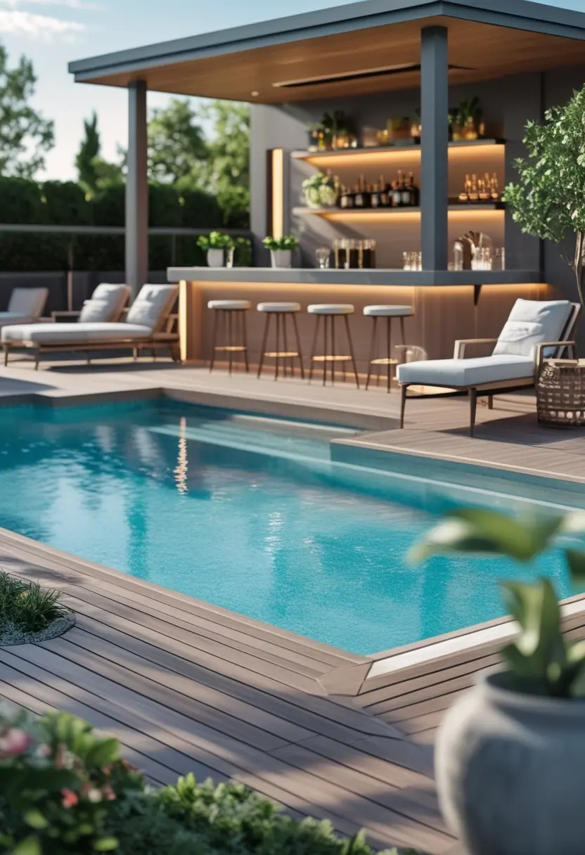 Outdoor pool deck with lounge chairs and a bar area surrounded by greenery.
