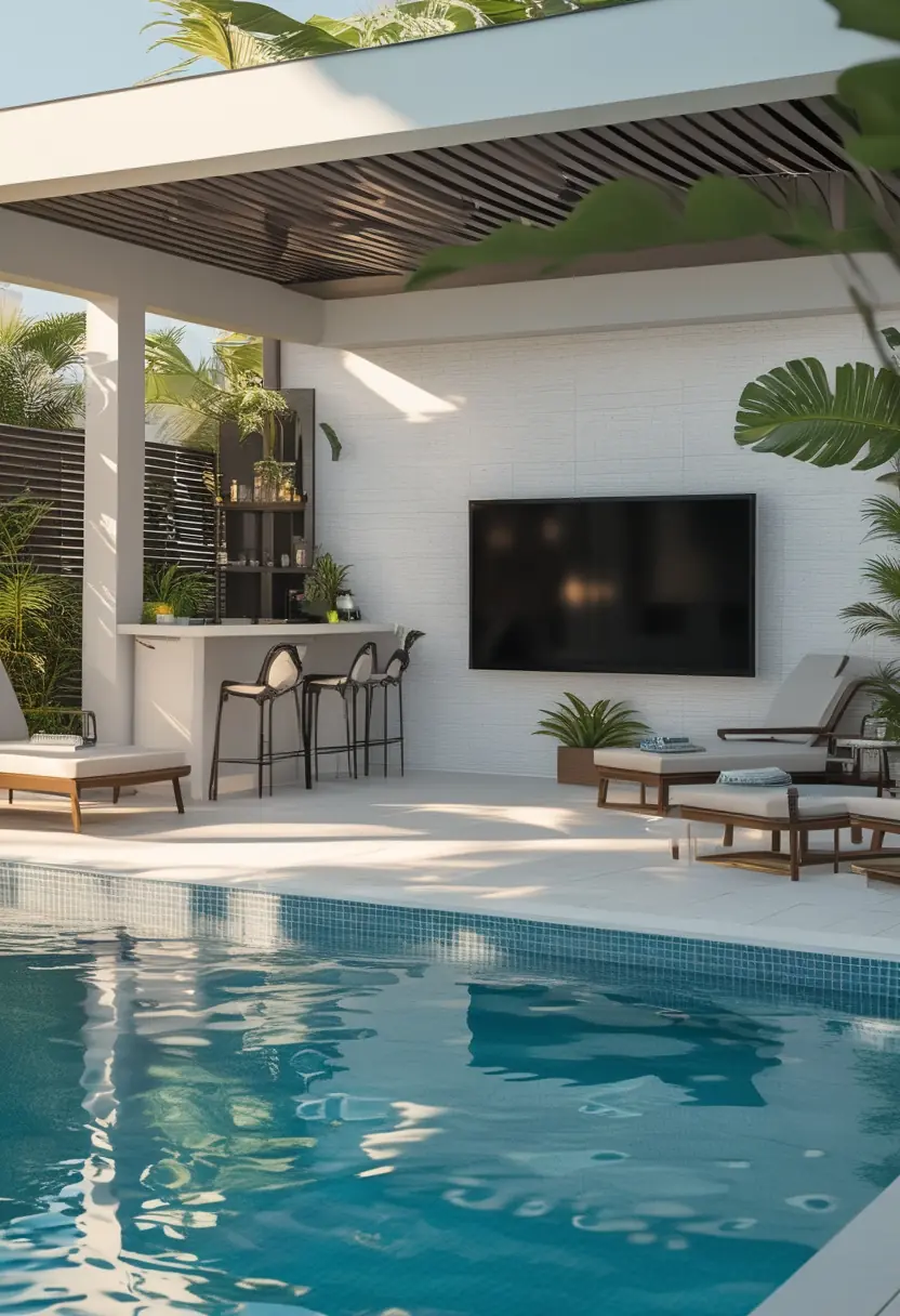 Outdoor pool deck with a bar area and a mounted TV near the pool surrounded by lounge chairs and plants.