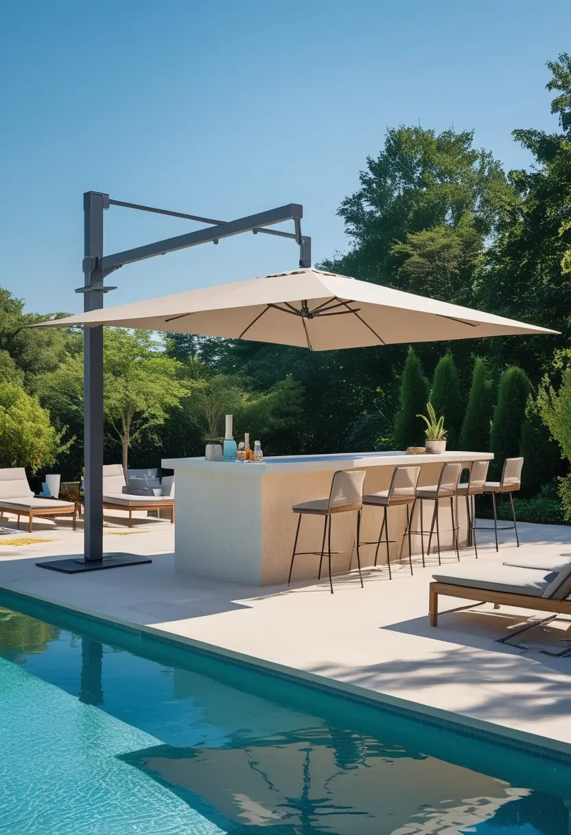 Outdoor pool deck with a cantilever umbrella shading a bar area next to a swimming pool surrounded by lounge chairs and greenery.
