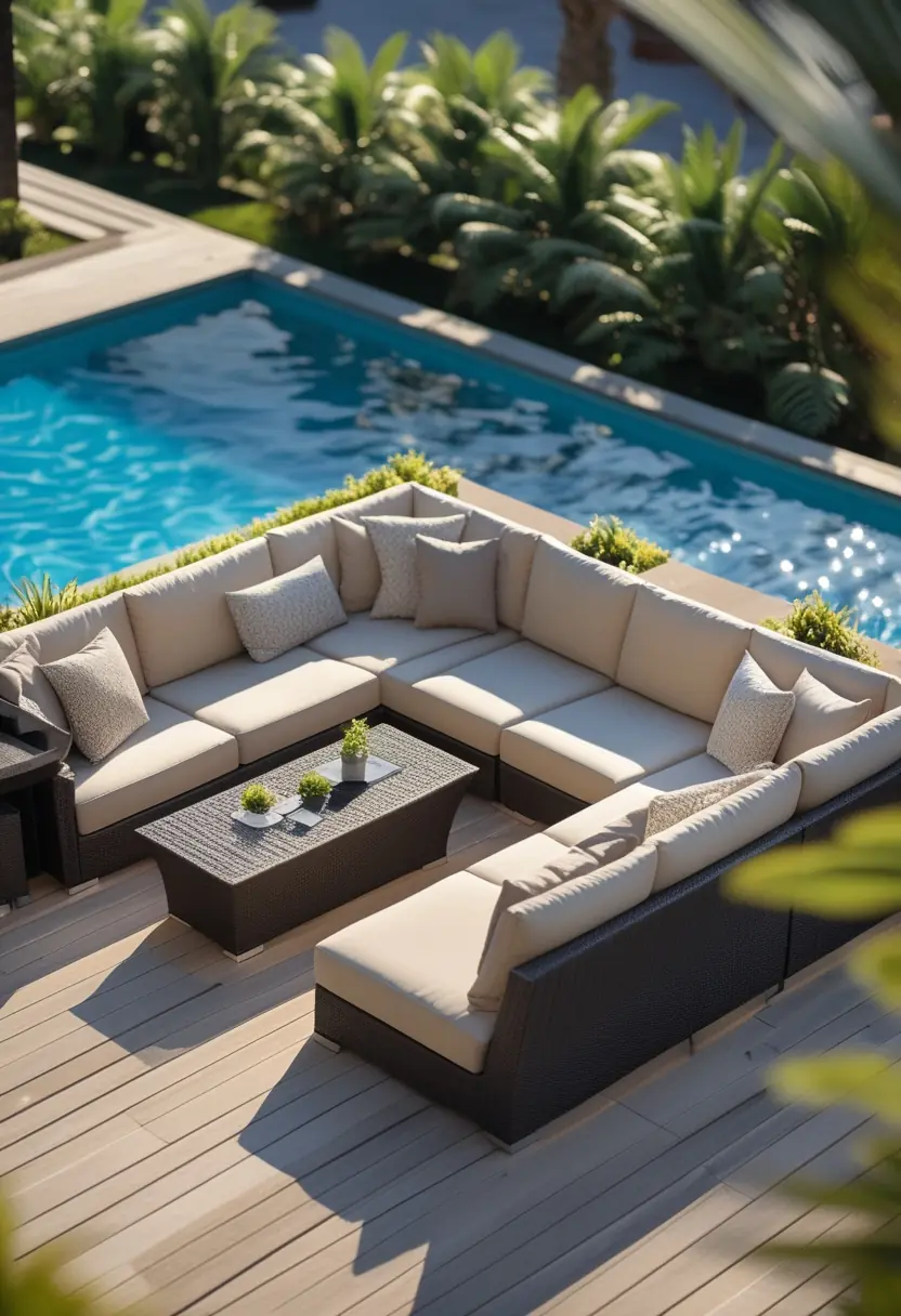 Outdoor pool deck with a large sectional sofa and a modern bar next to a swimming pool surrounded by greenery.