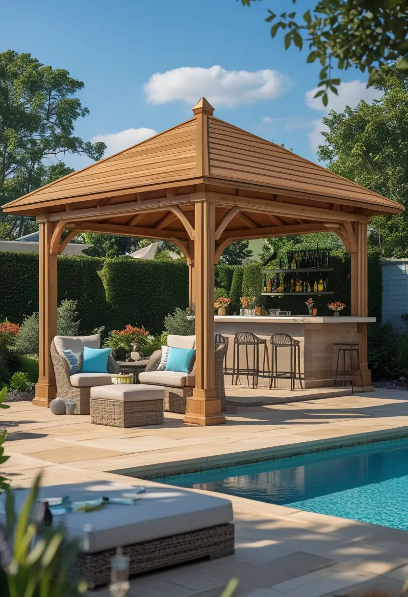 A backyard pool deck with a wooden gazebo and an outdoor bar surrounded by seating and greenery on a sunny day.