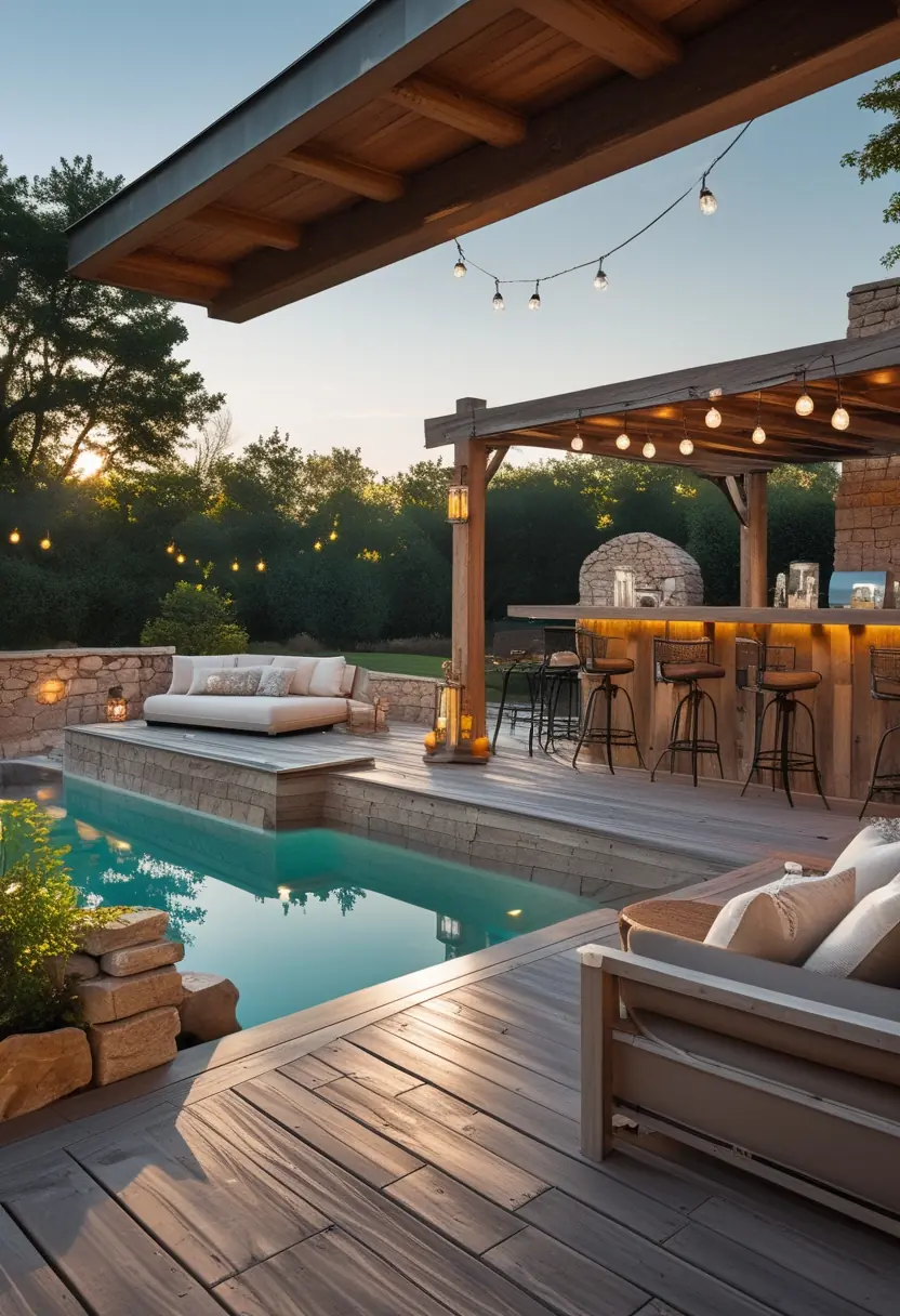 Outdoor pool deck with wooden bar, stone accents, seating, and a clear swimming pool surrounded by greenery.