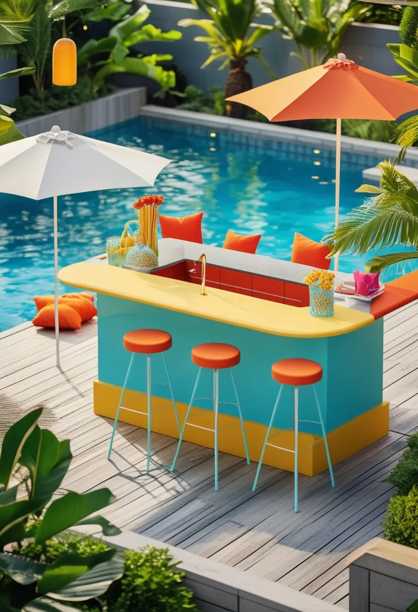A colorful outdoor pool deck with a modern bar, tropical plants, and bright cushions under natural sunlight.