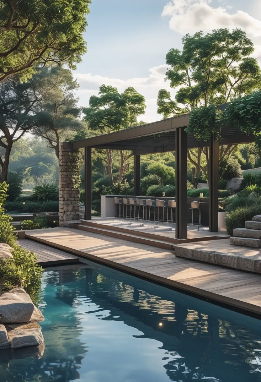 Outdoor pool deck with a modern bar area surrounded by trees and greenery.