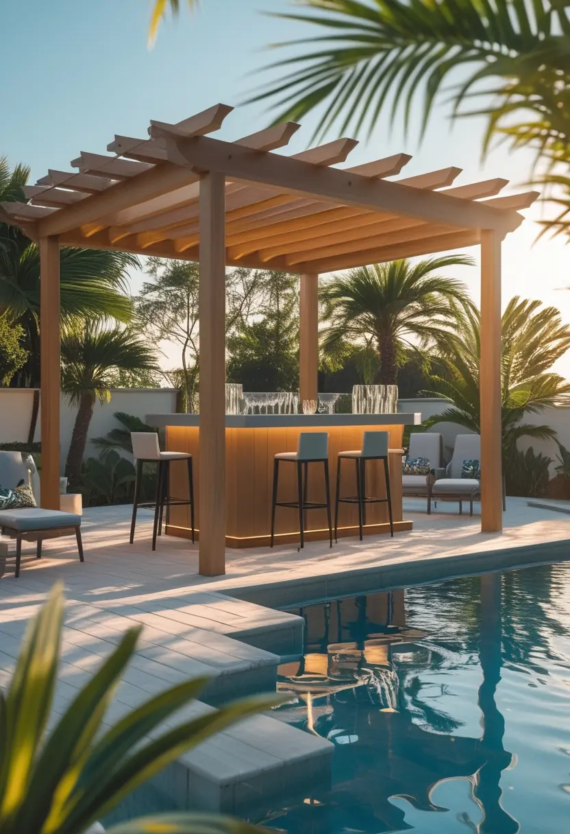 An outdoor pool deck with a wooden pergola bar, bar stools, lounge chairs, and a swimming pool in the background.