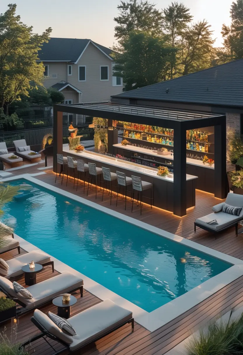 Outdoor pool deck with a bar, lounge chairs, and a clear blue swimming pool under a sunny sky.