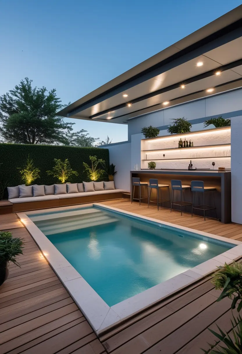 A modern pool deck with a rectangular swimming pool, built-in seating, and a small outdoor bar surrounded by plants.