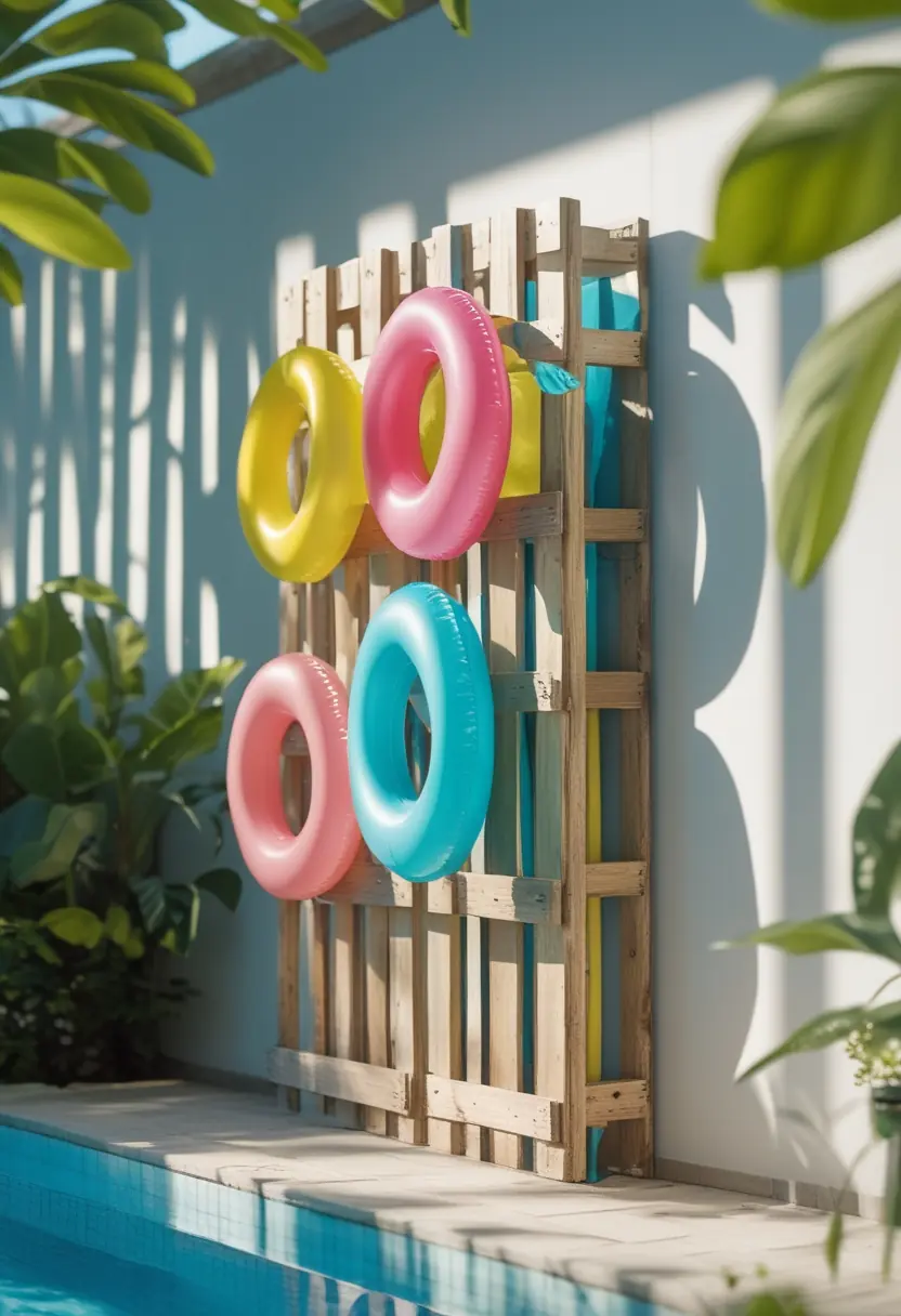 Outdoor pool area with a wooden pallet repurposed as a rack holding colorful pool floats next to a swimming pool.