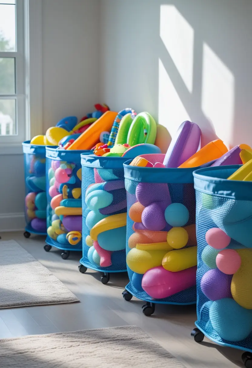 A playroom with rolling mesh storage bins filled with toys and colorful pool floats, neatly arranged along a wall.