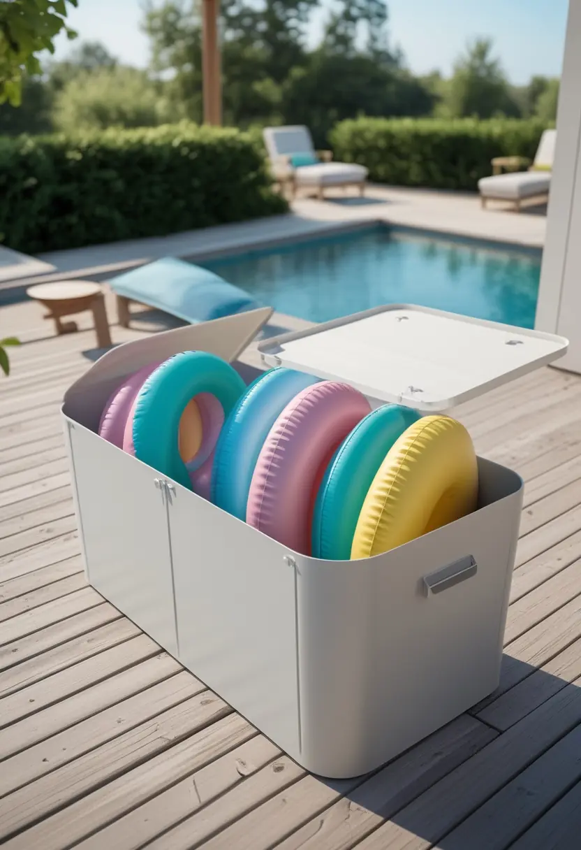 Outdoor wooden deck with a storage container holding colorful pool floats next to a swimming pool.