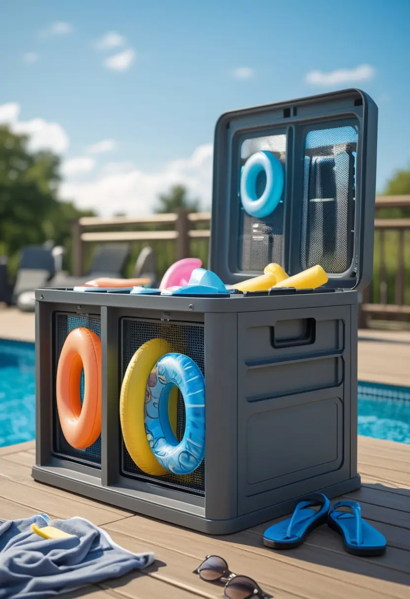 Open deck storage container with mesh dividers neatly organizing colorful pool floats on a sunny wooden deck.