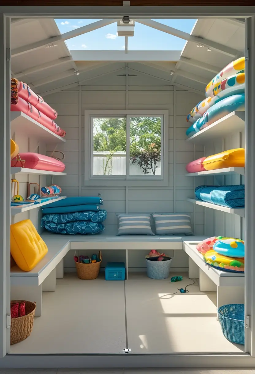 A neat pool storage shed with shelves holding pool floats, inflatable toys, and lounge cushions organized inside.