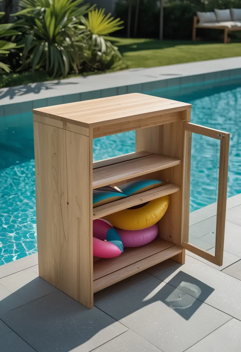 A small wooden bar with a storage compartment next to a swimming pool holding colorful pool floats.