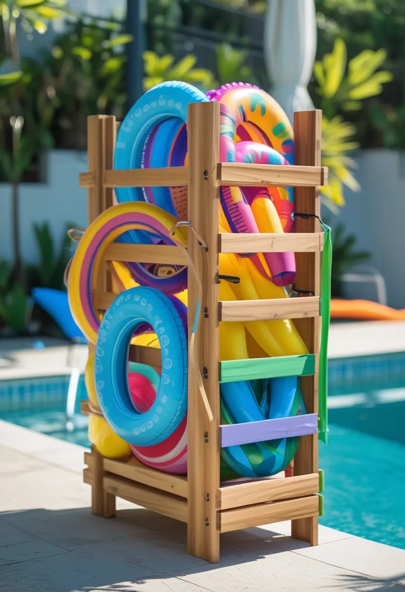 A wooden storage rack holding colorful pool floats next to a clear blue swimming pool surrounded by green plants.