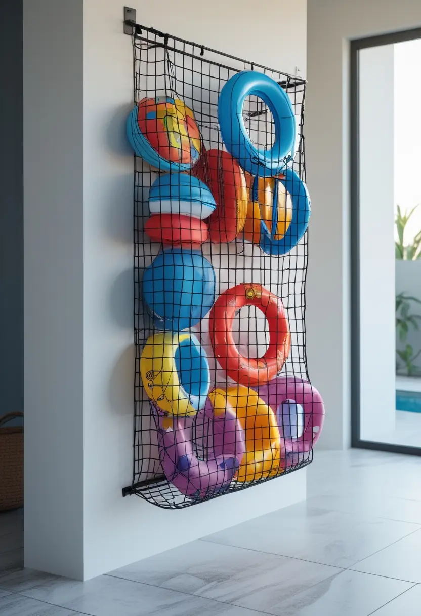 A large cargo net on a wall holding colorful toys and swim rings in a bright indoor space.