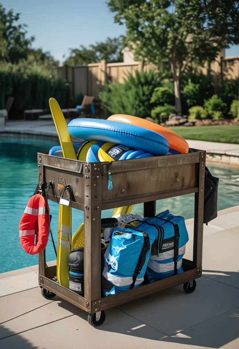 A metal cart holding large pool floats, inflatable tubes, paddles, and river equipment near a backyard pool.