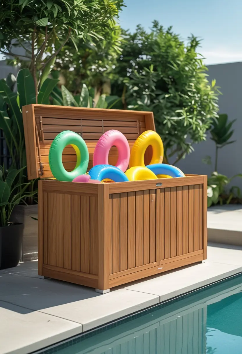 A teak outdoor deck box next to a swimming pool storing colorful pool floats in a sunny backyard.