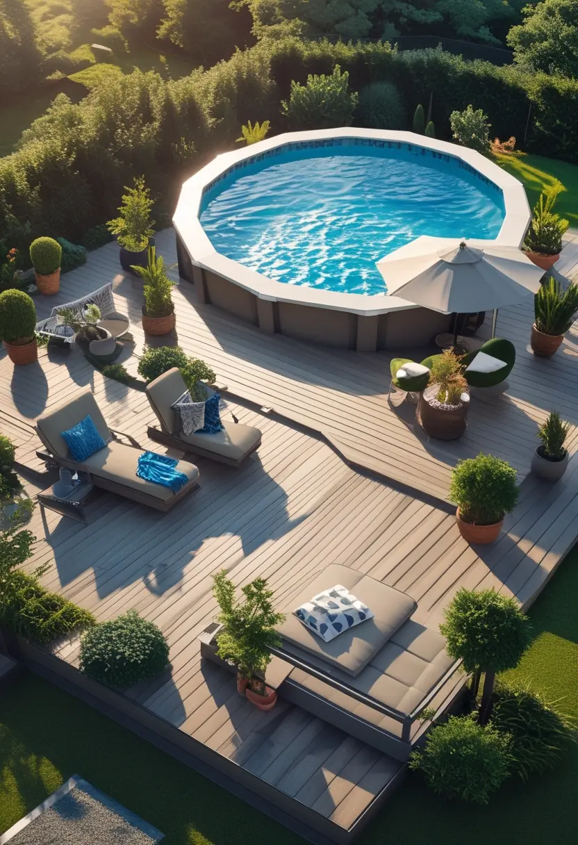 An above ground pool surrounded by a wooden deck with outdoor furniture, plants, and garden greenery on a sunny day.