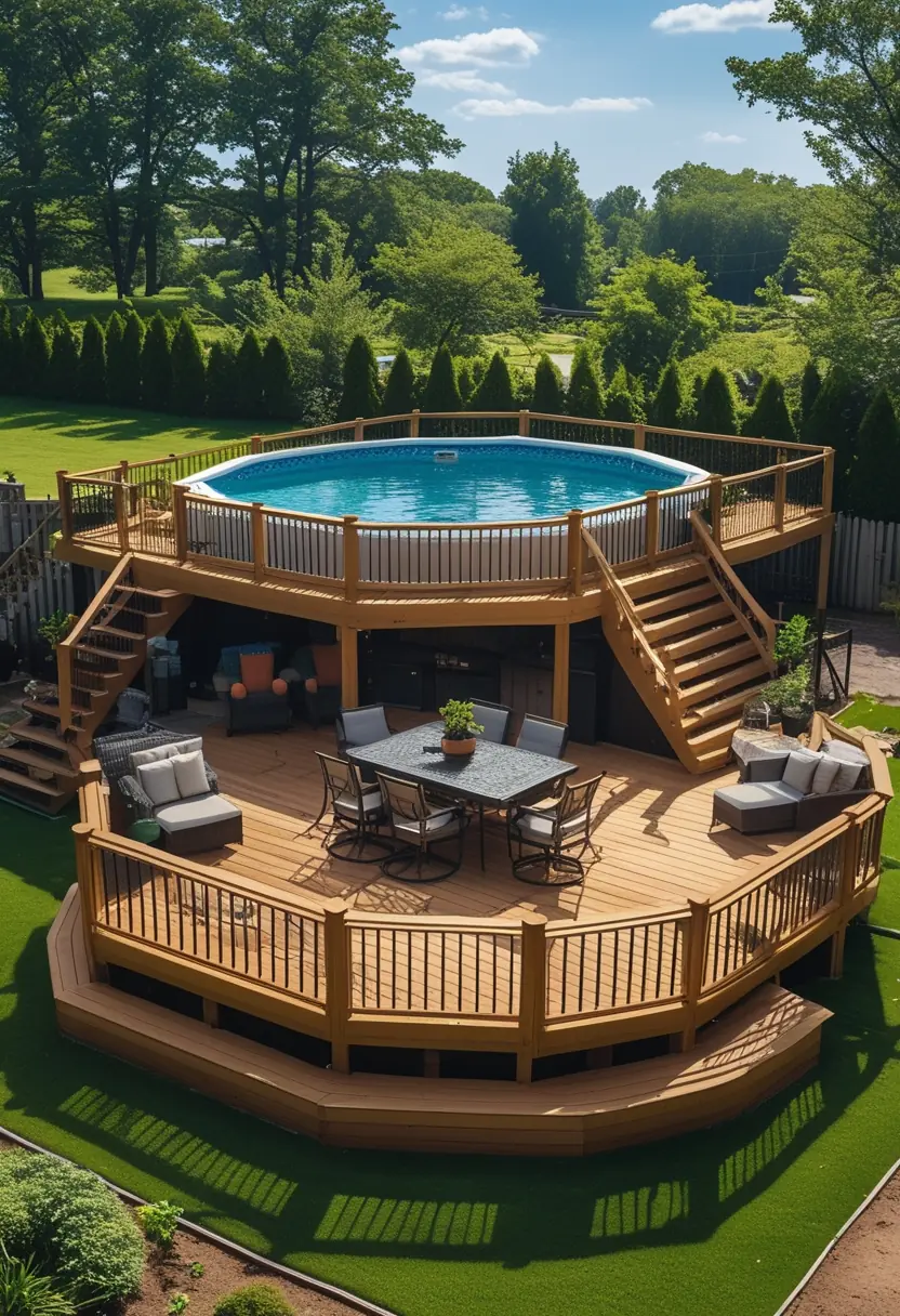 A multi-level wooden deck surrounding an above ground pool with outdoor furniture and greenery in a sunny backyard.