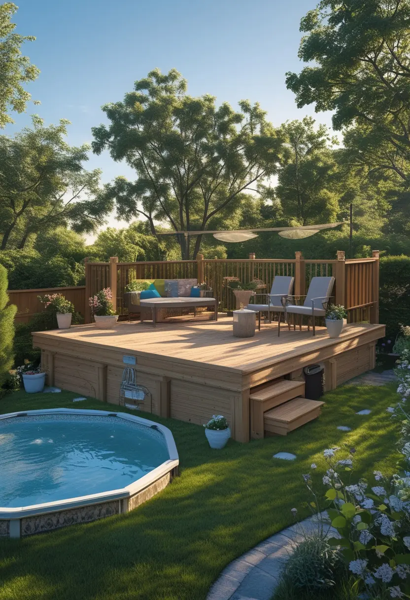 A backyard with an above ground pool surrounded by a wooden deck with outdoor furniture and plants.