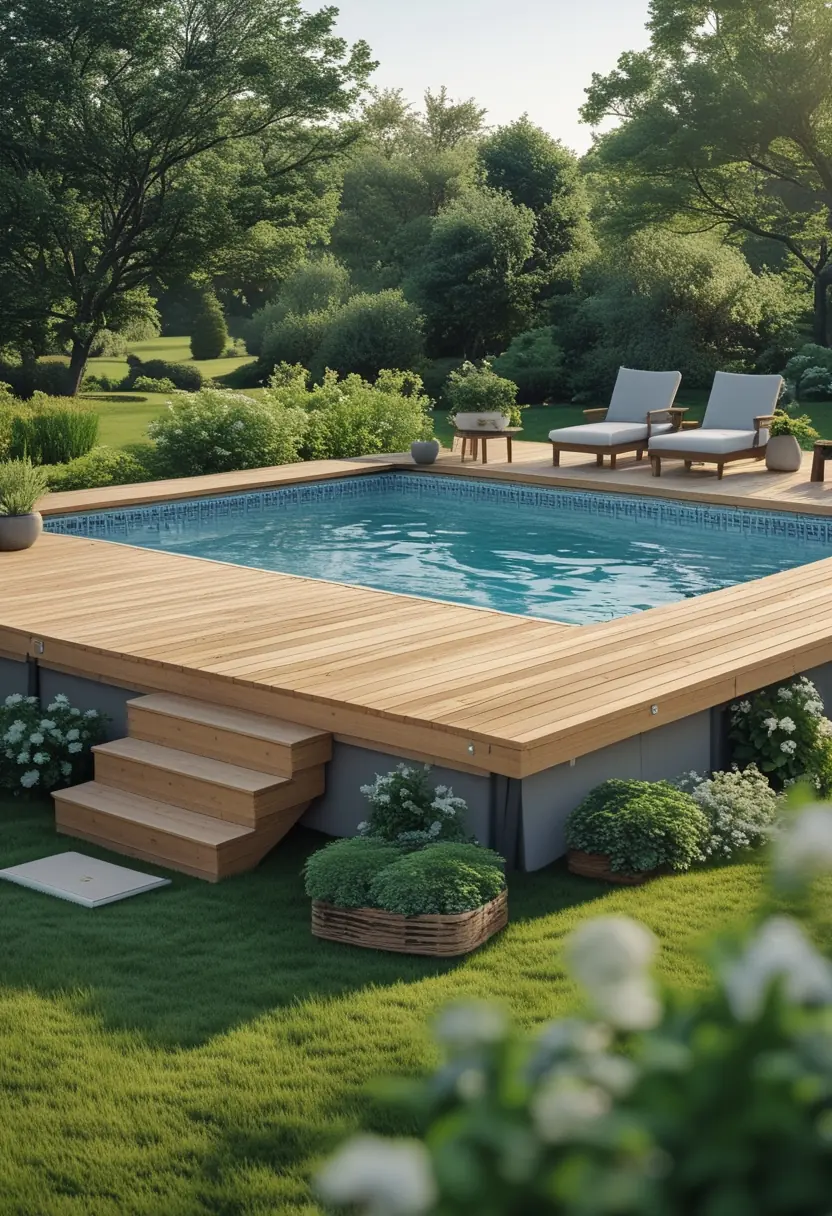 Above ground pool surrounded by a wooden deck integrated into a green backyard with trees and plants.