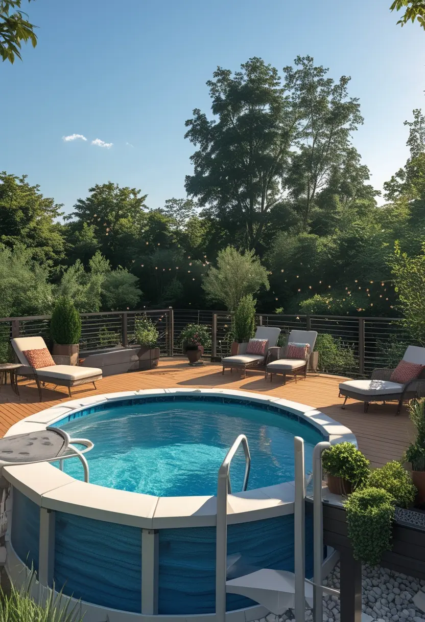 Above ground pool with a wooden deck, outdoor furniture, safety railing, and surrounding plants on a sunny day.