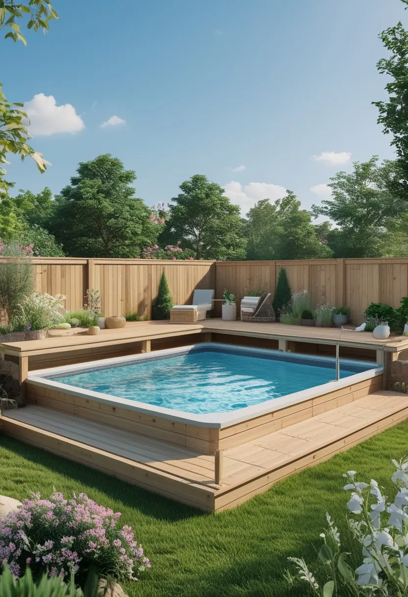 A backyard with a half wooden deck surrounding an above ground swimming pool, featuring outdoor furniture and plants under a sunny sky.