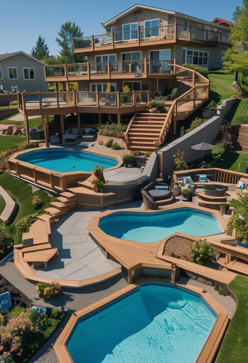 Several above ground pools with multi-level wooden decks built on sloping land surrounded by greenery and outdoor furniture.