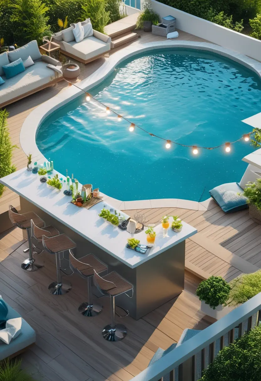 Outdoor bar area beside an above ground pool on a wooden deck with bar stools, drinks, and greenery.
