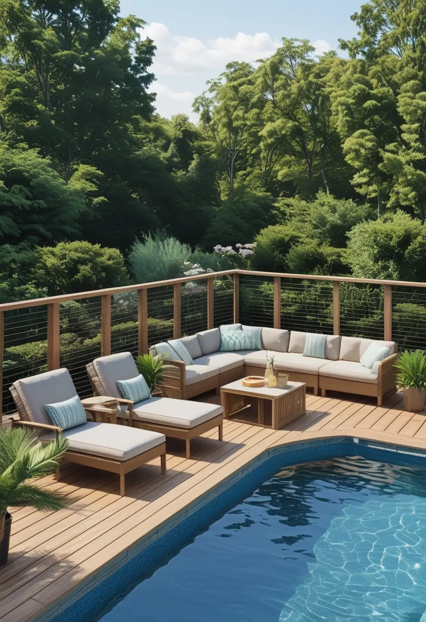 Outdoor deck with multiple seating areas around an above ground pool surrounded by plants and trees.