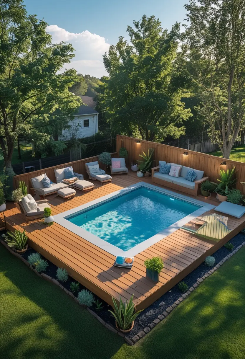 An above ground pool with a wooden deck, lounge chairs, plants, and outdoor decorations in a backyard.