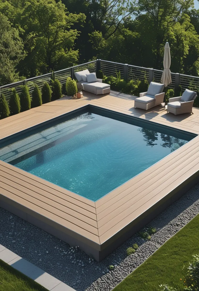 An above ground pool with a stylish deck made of wood and stone, surrounded by greenery and outdoor furniture on a sunny day.