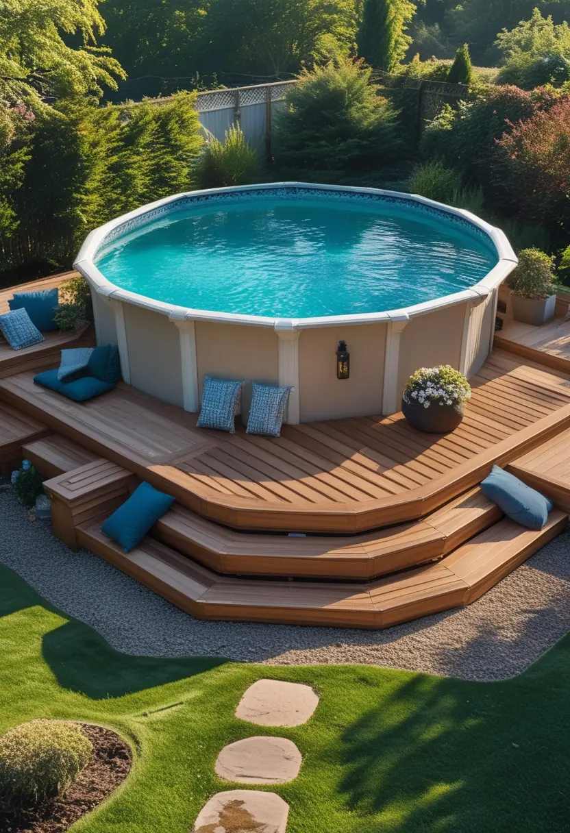 An above ground pool with a wooden deck surrounded by plants and outdoor seating in a sunny backyard.