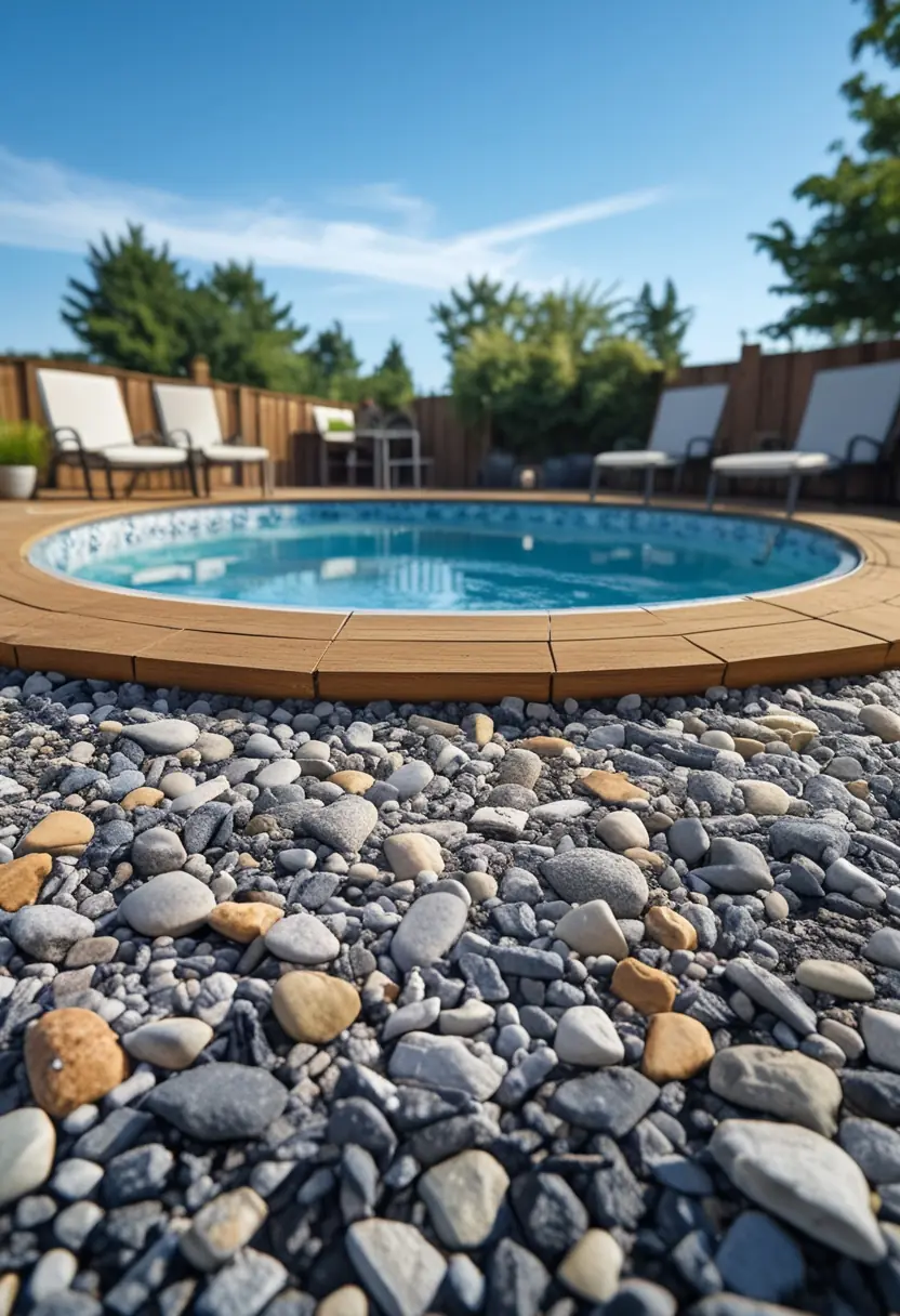 An above ground pool with a wooden deck and a neatly arranged gravel border surrounding the pool area on a sunny day.