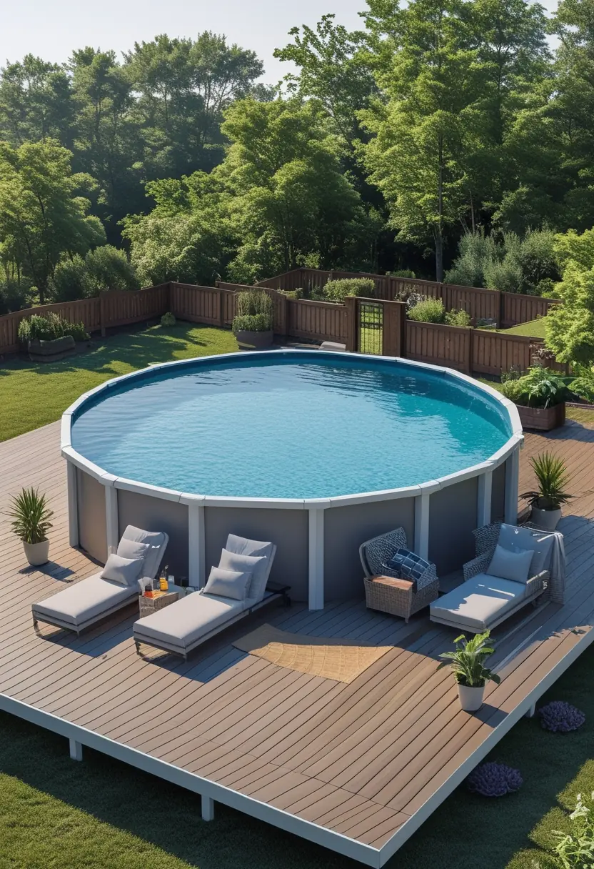 An above ground pool with a wooden deck surrounded by outdoor furniture and plants on a sunny day.