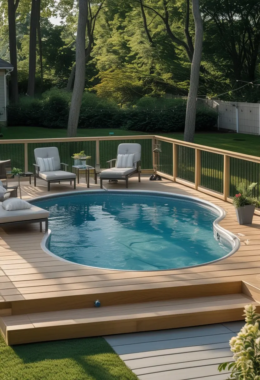 A wooden deck surrounding an above ground pool with outdoor furniture and greenery in a backyard.