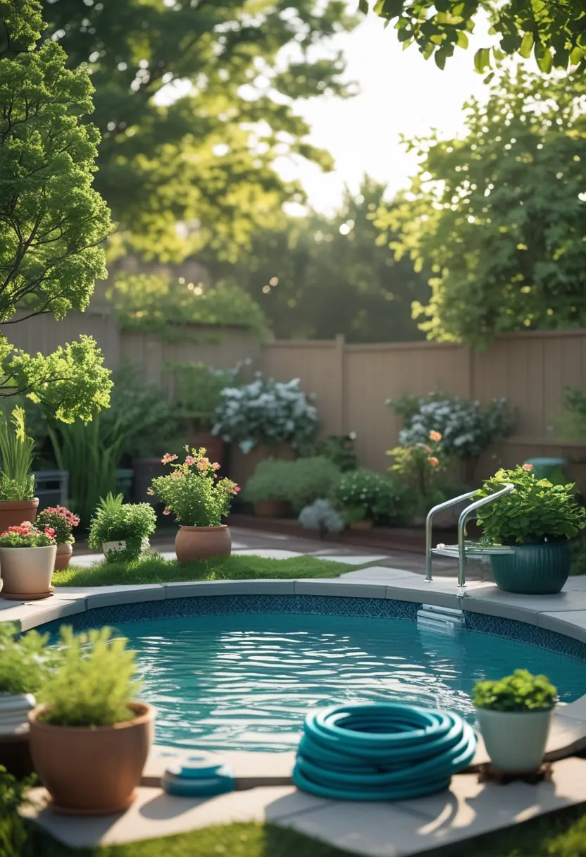 A backyard with an above ground pool surrounded by green plants and pool accessories like a ladder and a floating skimmer.